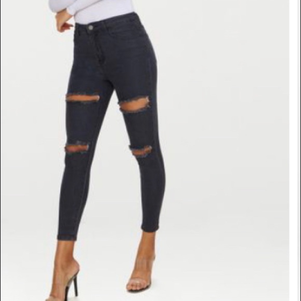 Black washed high waisted double ripped denim